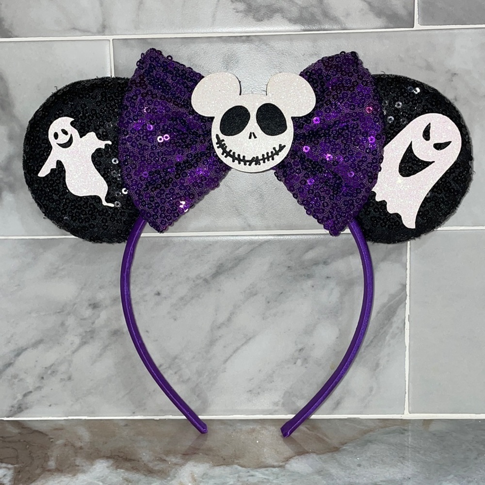 Mickey as Jack Skellington Minnie Mouse Sequin Ears Bow Headband Ghosts NBC NEW